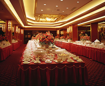 酒店的宴会厅用红白相间的布装饰