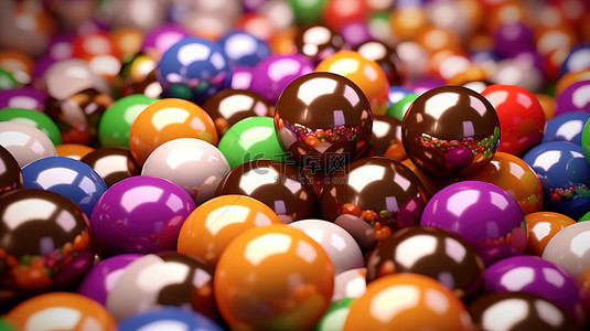充满活力的庆祝活动，彩色巧克力背景上光滑糖果涂层球的 3D 插图