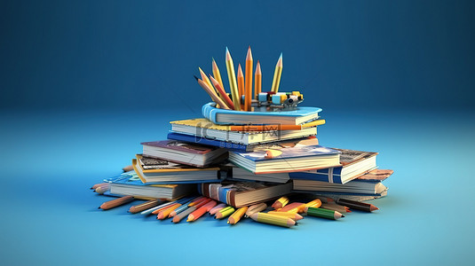 蓝色背景与 3D 铅笔和书籍象征教育理念