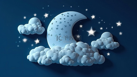在月亮背景图片_发光 3D 渲染星星云和月亮在蓝色的夜空中