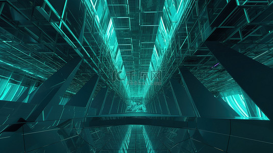 现代未来派建筑 3D 渲染绿色和蓝色的几何设计