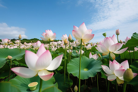 白色莲花背景图片_许多白色和粉红色的莲花生长在绿色的田野上