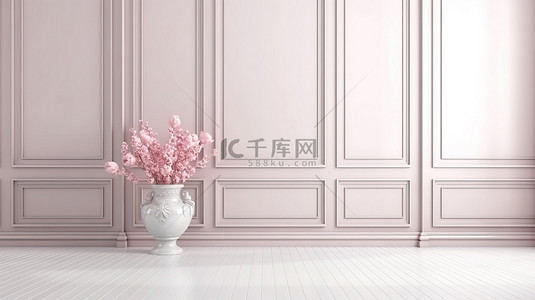 简约别致的白色木地板和金属花瓶突出了空房间3D渲染中的现代经典粉色墙板