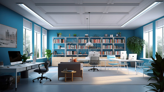 现代卡通办公室背景图片_现代办公空间的 3D 渲染插图