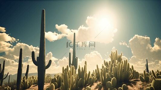 绿色写实背景图片_沙漠太阳光线仙人掌真实背景