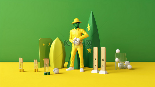 3d 巴基斯坦板球队成员，带有黄色背景的比赛装备