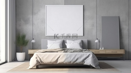 现代卧室内部的灰色色调 3D 渲染与空框架模型