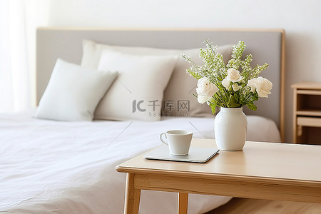 纯色床上用品背景图片_床上有一张带笔记本电脑的桌子和一个花瓶