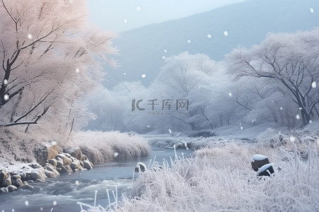 雪春背景图片_景观包含树木灌木丛河流和雪