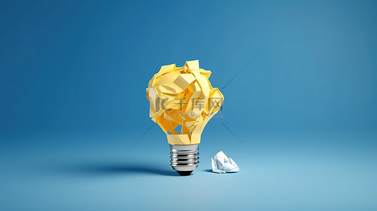 令人惊叹的 3D 渲染黄色灯泡悬挂在白色皱巴纸上，蓝色背景，具有简约的触感