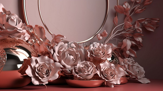 玫瑰空景背景图片_产品展示的 3D 渲染中的玫瑰点缀抽象背景