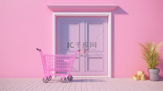 奶茶店门口背景图片_用购物车打开的淡粉色门的最小 3D 插图