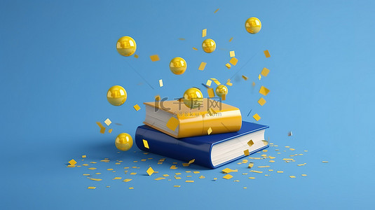 空中极简主义物体毕业帽黄色球和蓝色背景的 3d 书籍