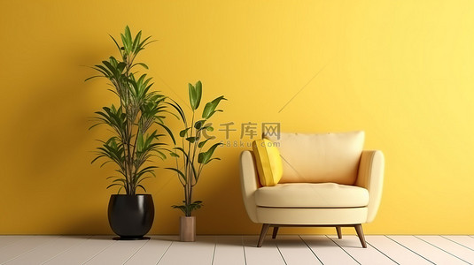 简约的生活，一张沙发椅和郁郁葱葱的绿色植物装饰着空荡荡的黄色墙壁，呈现出令人惊叹的 3D 渲染效果