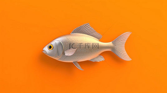 橙色背景插画背景图片_橙色背景上单色鱼的 3d 渲染