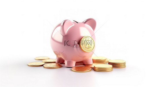 白色背景上带有金色忠诚计划奖金硬币的粉色存钱罐的 3D 渲染
