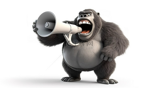 女导游说话背景图片_滑稽的 3D 大猩猩，圆肚子，拿着微型电视，对着扩音器说话