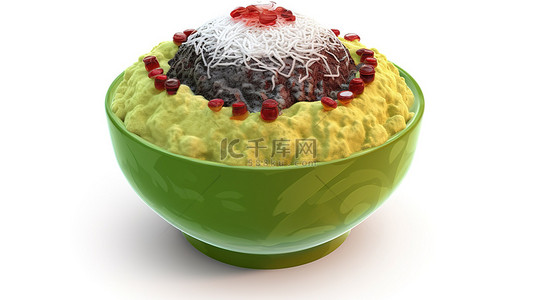 日本酵素背景图片_Bingsu 刨冰的卡通风格 3D 渲染，顶部是绿茶和红豆，白色背景隔离