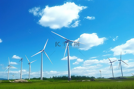 风车背景图片_五个风力涡轮机在一片蓝天的田野上
