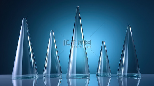 蓝色背景与一组玻璃锥体奖杯 3d 渲染