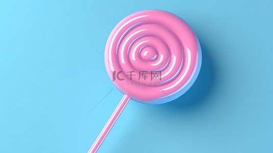 3D 渲染柔和的粉红色背景，棍子上有蓝色棒棒糖
