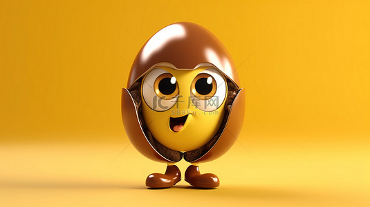 充满活力的黄色背景上带有抽象充电电池的棕色鸡蛋吉祥物的 3D 渲染