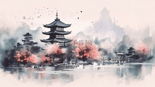 日本水彩水墨画风格东方抽象风景的 3d 插图