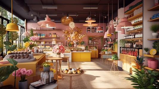 市场调研商业分析背景图片_色彩缤纷的 3D 渲染猫注入食品市场和咖啡店，提供独特的零售体验