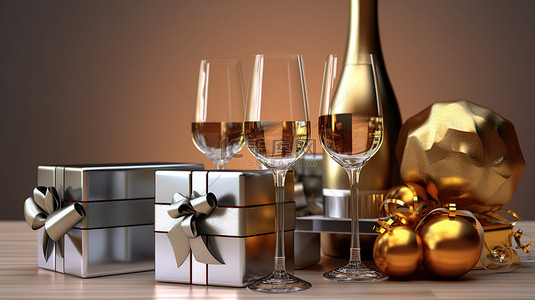新年快乐金背景图片_举杯庆祝新年美丽的香槟杯和 3D 渲染的礼物