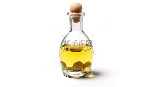 橄榄油醒酒器小型玻璃瓶，白色背景上带有软木塞，以 3D 渲染