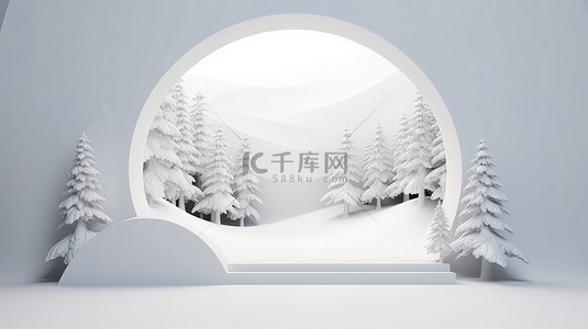 雪景背景卡通背景图片_极简主义舞台样机，冬季下雪 3D 白色背景