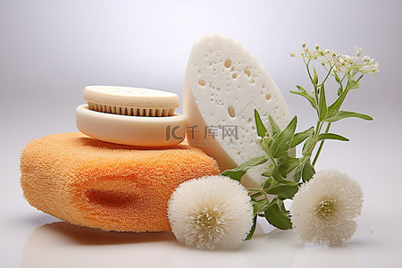磨砂膏和牙刷用白色海绵香草和鲜花