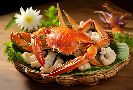 螃蟹螃蟹背景图片_篮子里的螃蟹，配上蔬菜和椰子