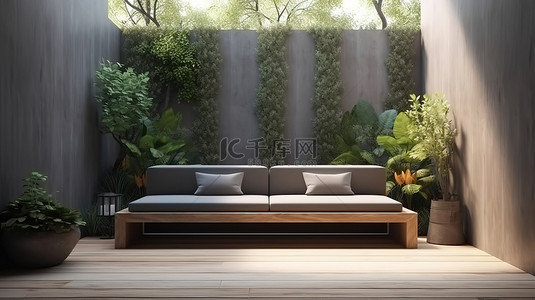 3d 可视化 l 形沙发在树木繁茂的休息区，享有花园景观