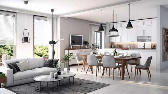 3d开放式厨房背景图片_白色家具开放式概念客厅和厨房的时尚现代 3D 渲染