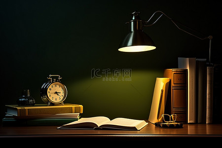 一本书一个闹钟一盏灯和桌上一本打开的书