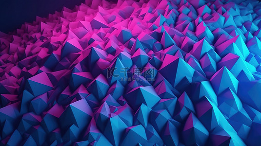 紫色粉色和蓝色抽象三角形中粗糙纸张纹理背景的 3D 渲染