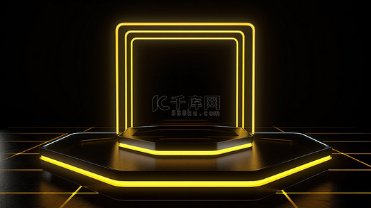 霓虹灯框背景图片_黄色霓虹灯框环绕黑色 3d 渲染舞台
