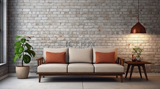舒适客厅中木沙发和中心桌的 3D 插图，配有砖墙背景
