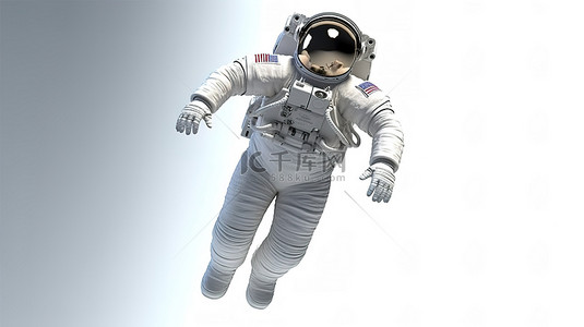 3D 渲染展示了穿着白色宇航服的失重宇航员漂浮在零重力空间