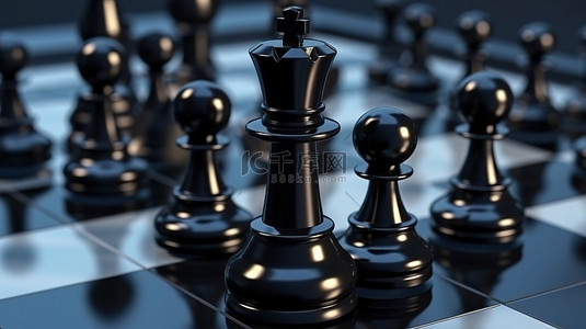 战略性地放置在棋盘上的黑色棋子的 3D 渲染