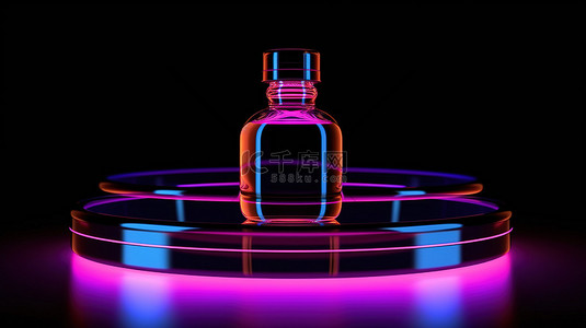 黑色圆筒上香水瓶的 3D 渲染，带有霓虹灯玻璃环背景，用于产品展示