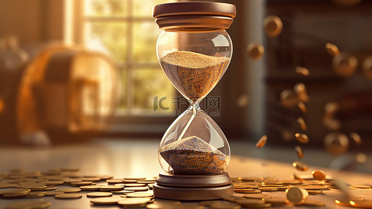 時間金錢背景图片_沙漏中欧元硬币和沙子的 3d 渲染
