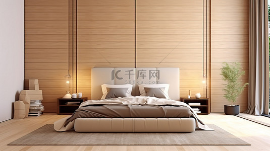 别致优雅背景图片_优雅的米色卧室，配有别致的木质床头板时尚的阁楼隔断和精致的 d cor 3d 渲染
