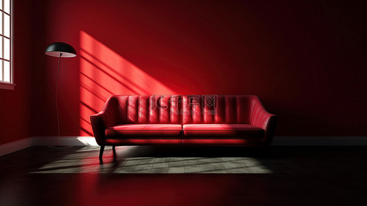 阳光明媚的客厅背景图片_令人惊叹的 3D 渲染，在阳光明媚的空房间里，配有光滑的黑色墙壁，充满活力的红色沙发和黑色咖啡桌