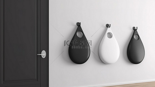门衣架模型可定制的黑白设计悬挂在封闭的门空间上，用于您的文本 3D 渲染