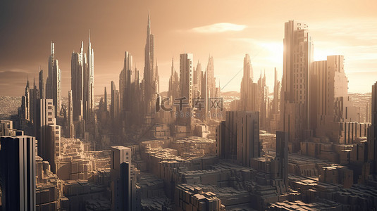物联网科技线背景图片_被阳光照亮的未来城市 3d 渲染具有鲜明的明暗对比