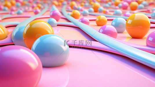 彩色背景上充满活力的滚动球路径融合了极简主义和时尚 3D 插图