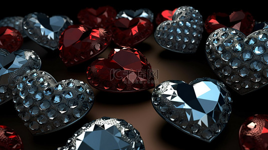 粉色钻石背景图片_背景以闪闪发光的图案呈现 3D 渲染的心形和钻石