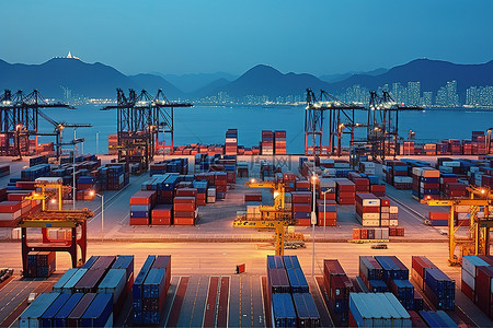 黄昏船背景图片_黄昏时分的香港大集装箱港口